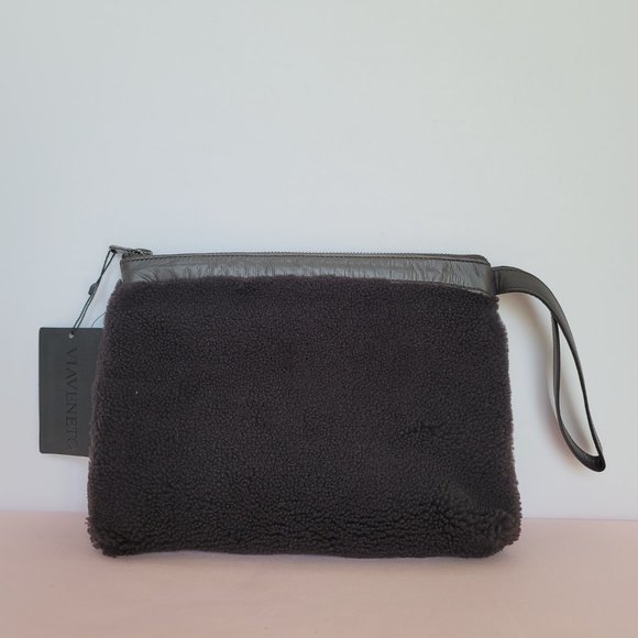 VIAVENETO Delilah Curly Lambskin Shearling Large Pouch/Wristlet- Chocolate Brown - Picture 7 of 16